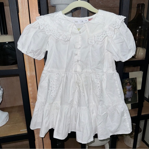 Zara Kids Eyelet Puff Sleeve Dress Toddler Girl Boho Cottagecore collar ruffle - Picture 1 of 5